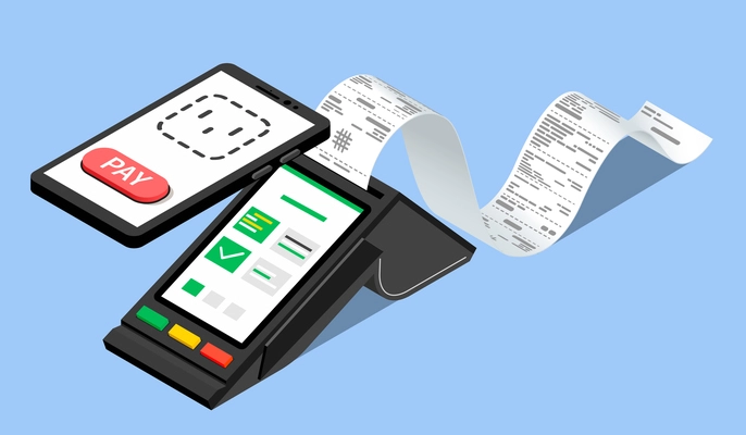 Receipt bill isometric contactless payment composition with nfc smartphone and payment terminal with long paper strip vector illustration