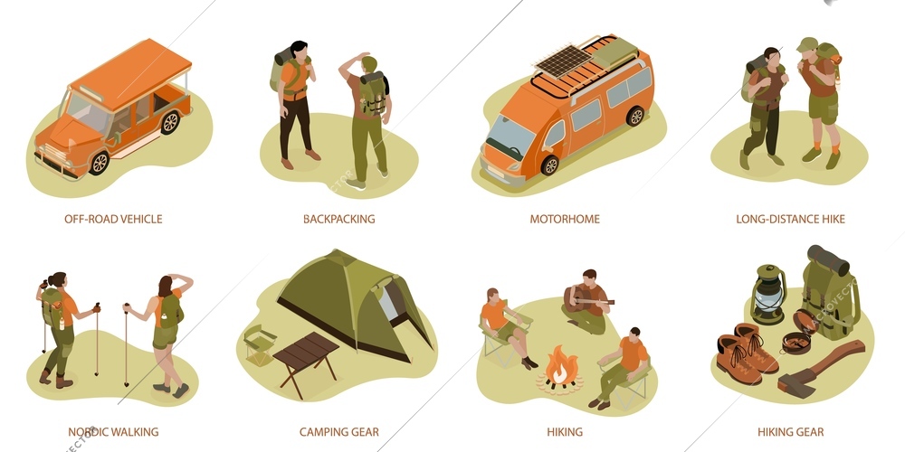 Isometric hiking compositions set with isolated images of long distance hike backpacking equipment and camper van vector illustration