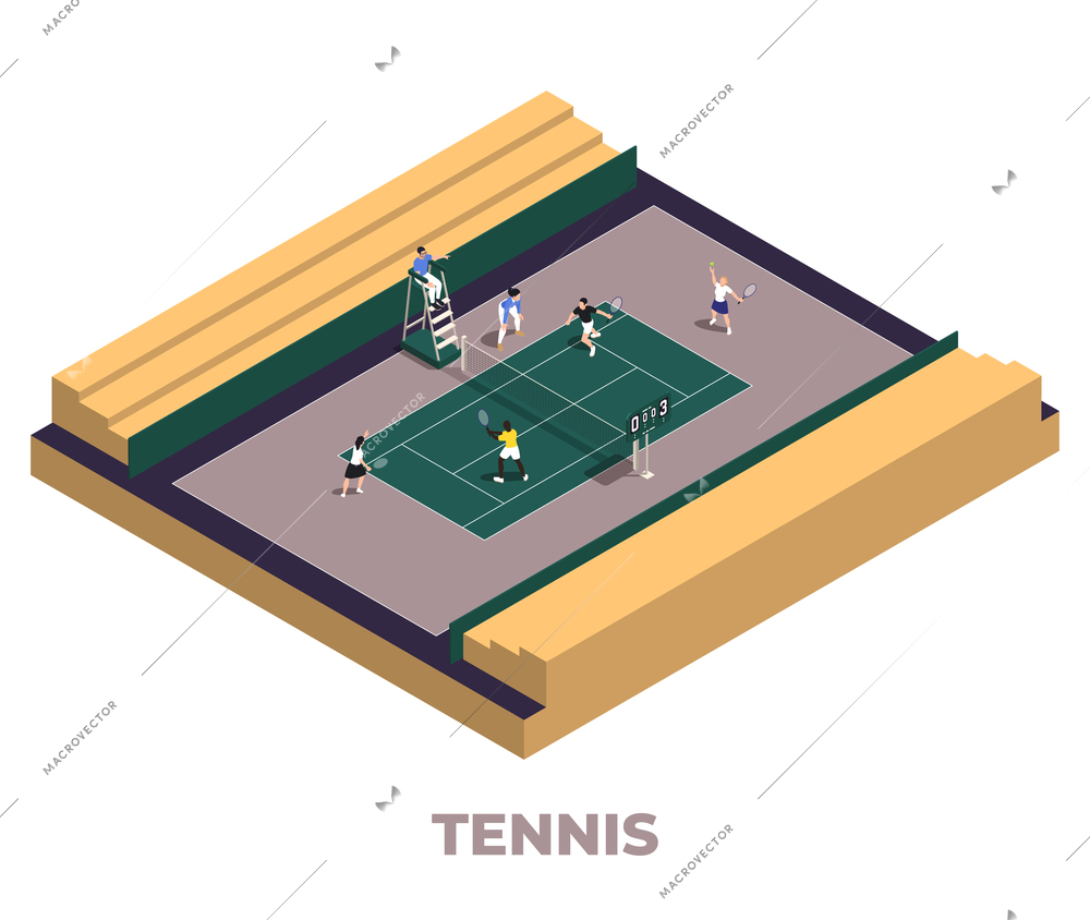 Tennis isometric isolated composition two coaches and four players practice on the tennis court vector illustration