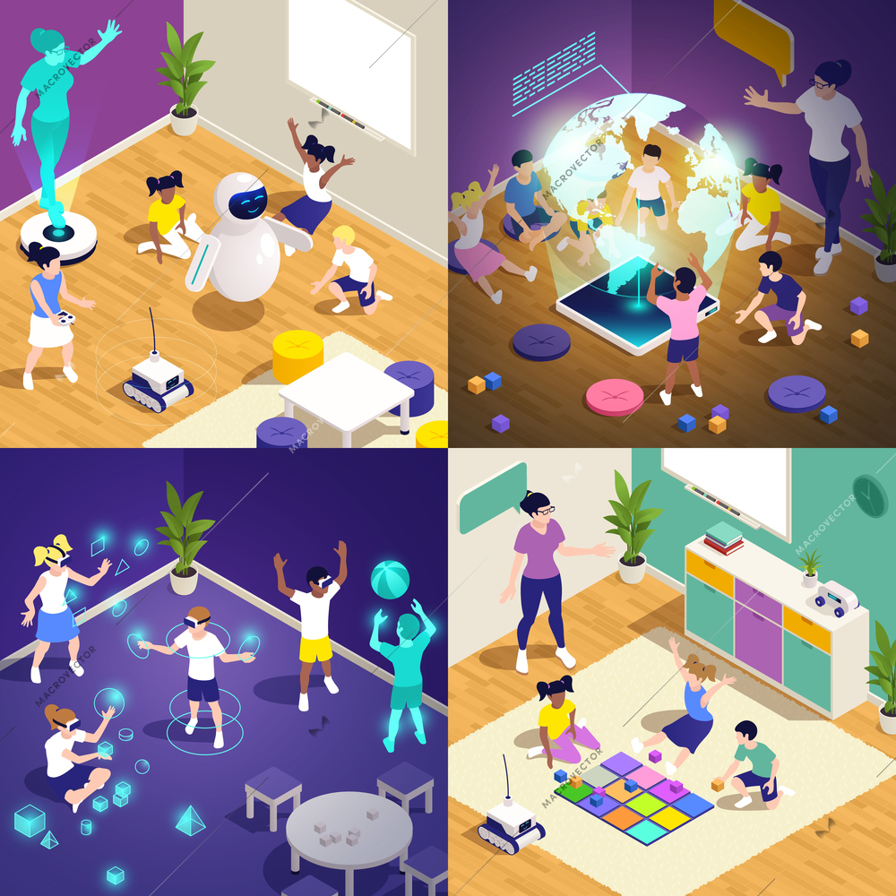 Four squares kindergarten isometric icon set kindergarten of the future with 3D projections of people and games vector illustration