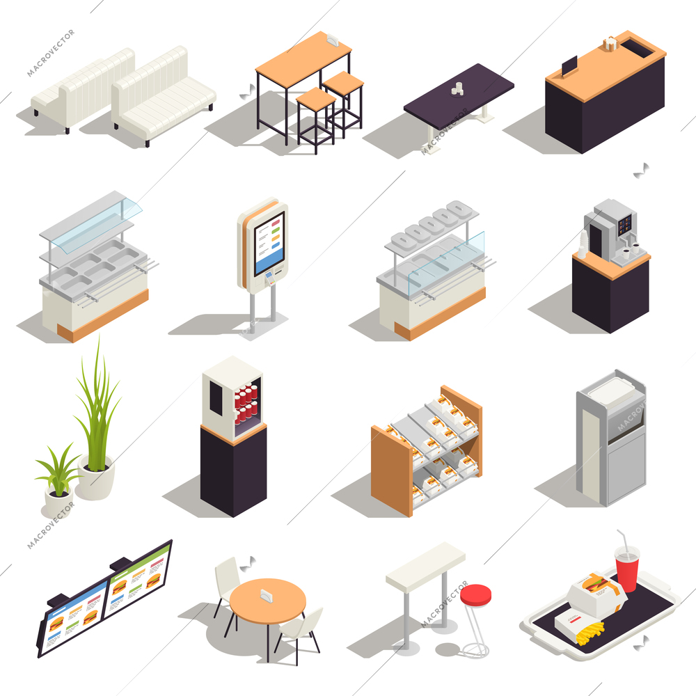 Food court colored isometric icon set furniture in the form of chairs tables sofas for the convenience of visitors counters and cash desks garbage cans for self service and coffee machines vector illustration