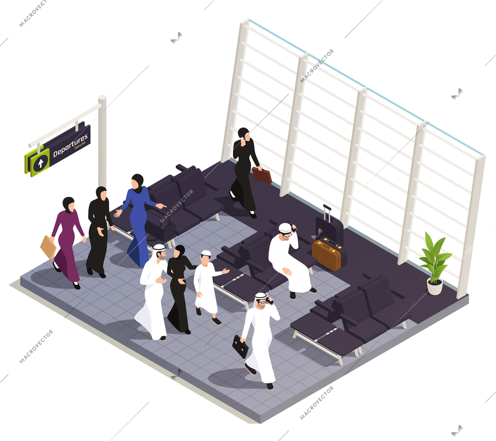 Arab muslims saudi modern isometric people composition women and men in national dress in the departure area of the airport vector illustration