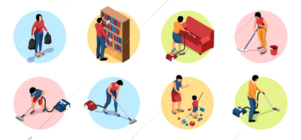 Set of isolated isometric people cleaning home round compositions with family member characters in colorful circles vector illustration