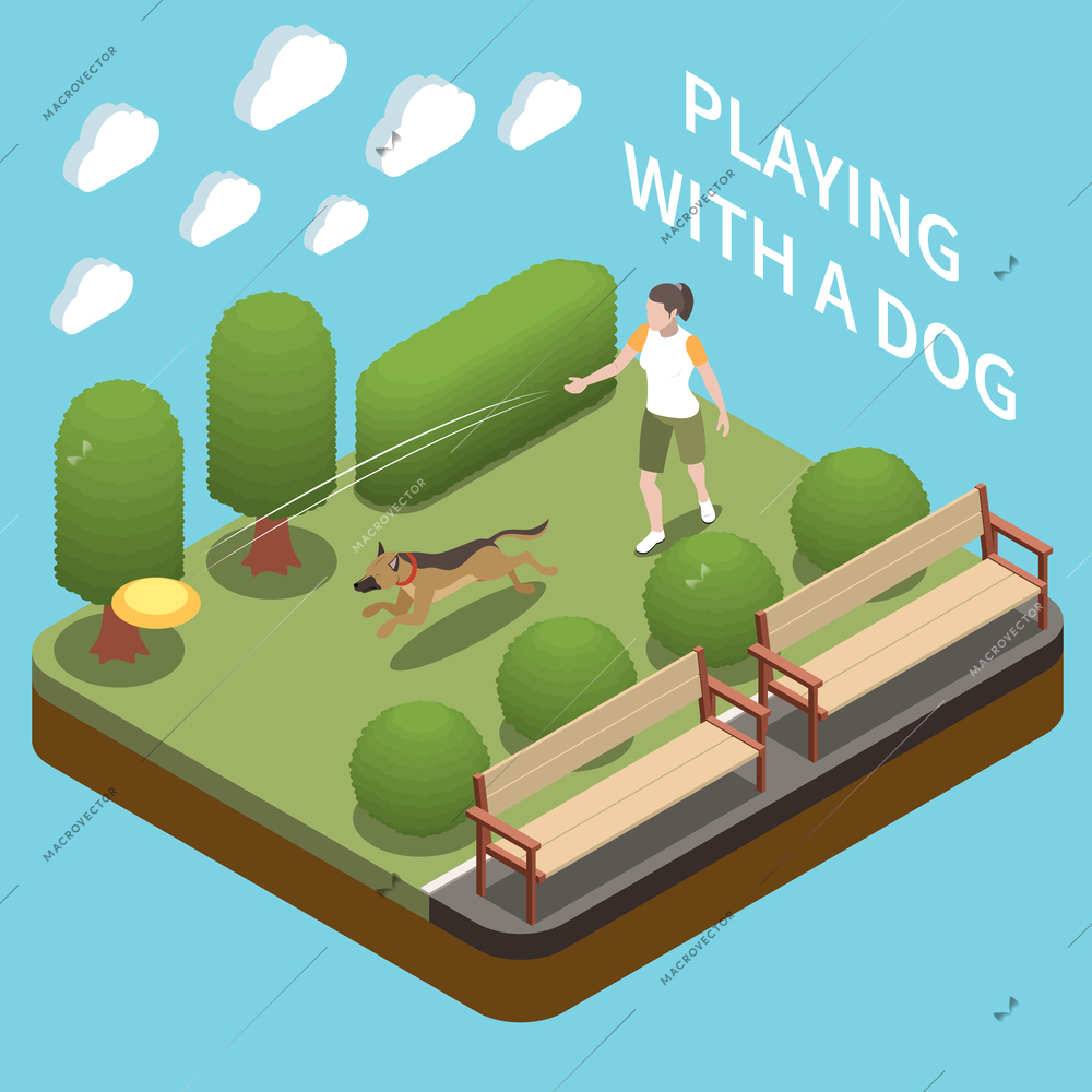 Dog sitter walker isometric concept with playing symbols vector illustration