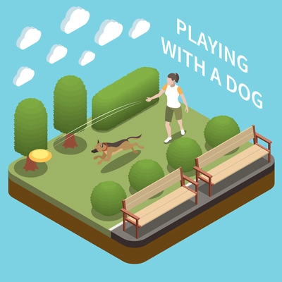 Dog sitter walker isometric concept with playing symbols vector illustration