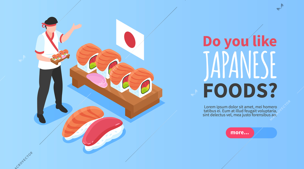 Japanese food horizontal banner with male character in national clothes offering try sushi isometric vector illustration