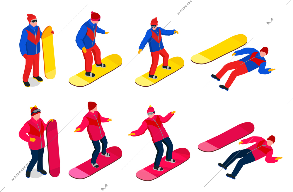 Snowboarding people set with isometric characters wearing colorful clothes in different poses with snowboard isolated 3d vector illustration