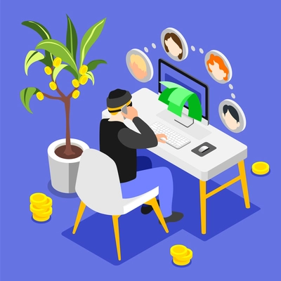 Banks scammers isometric background with view of table with laptop and human character making fraud calls vector illustration