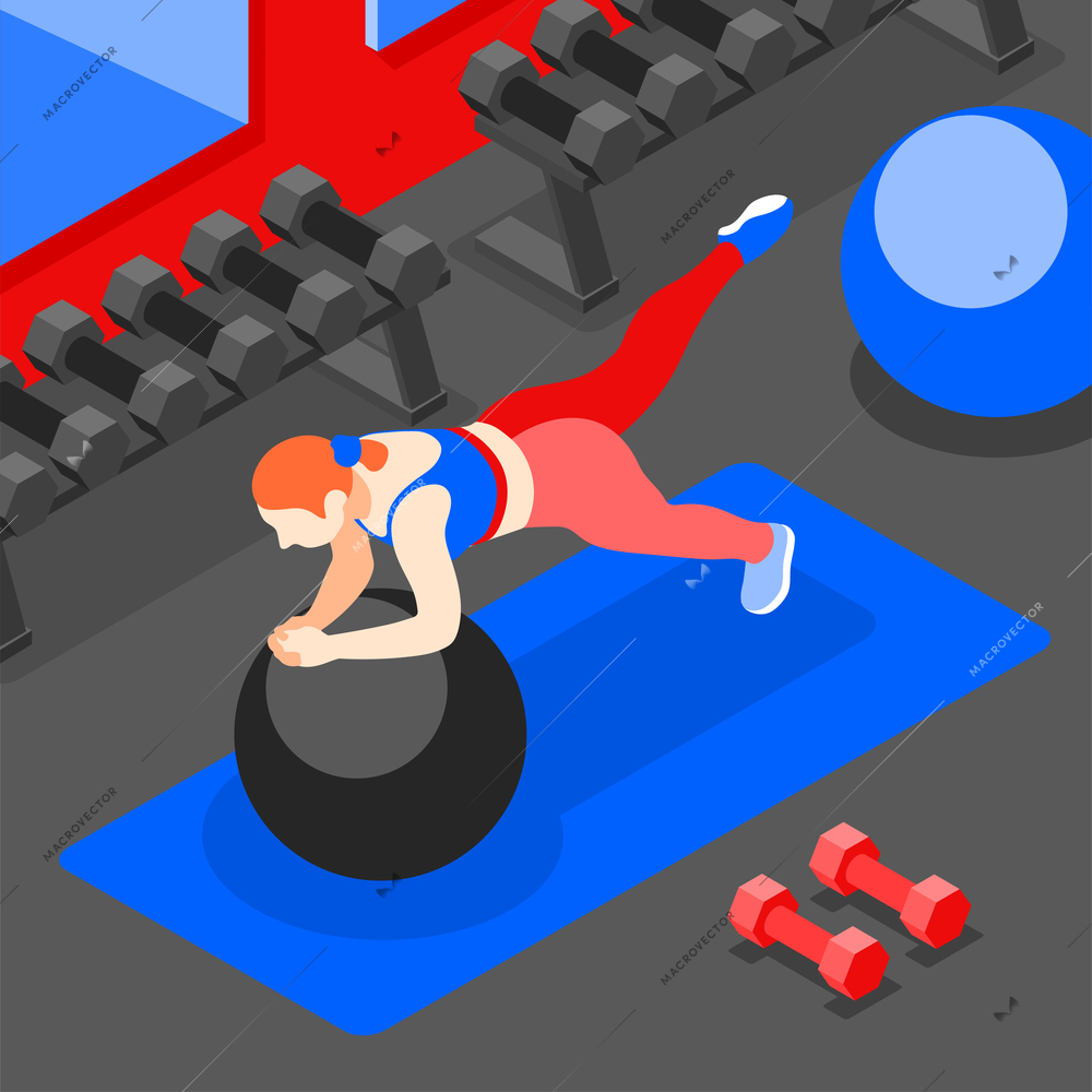 Fitness ball workout isometric background with female character in gym environment pushing rubber ball with hands vector illustration