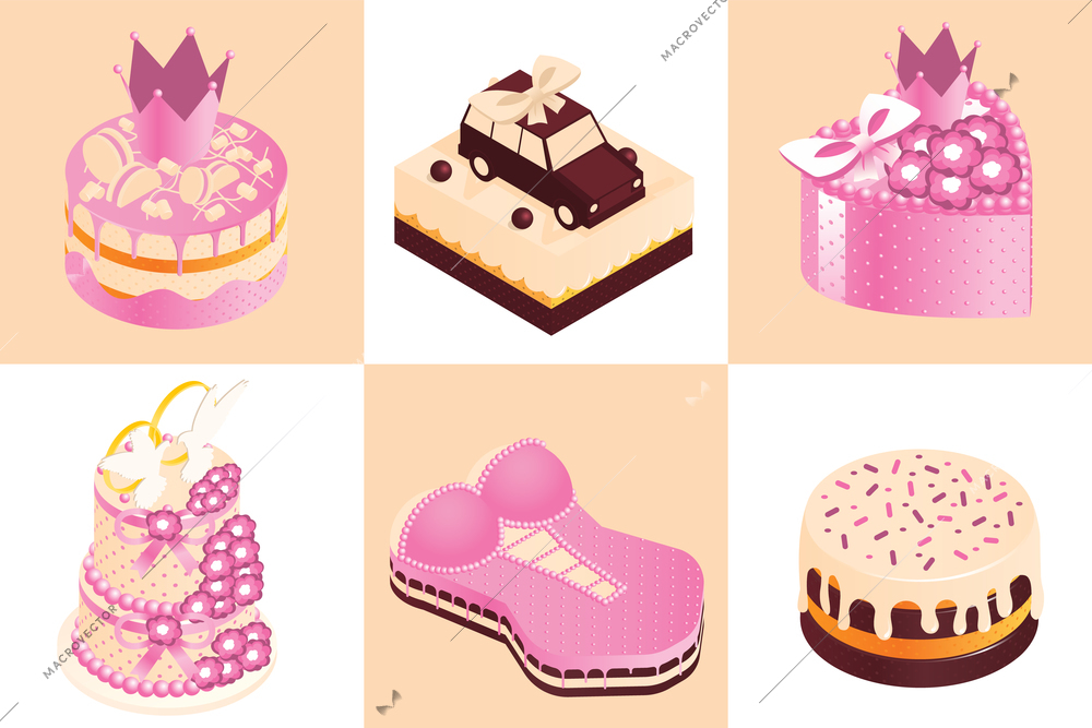 Cakes for events isometric set of square compositions with decorated cream cakes as thematic party gifts vector illustration