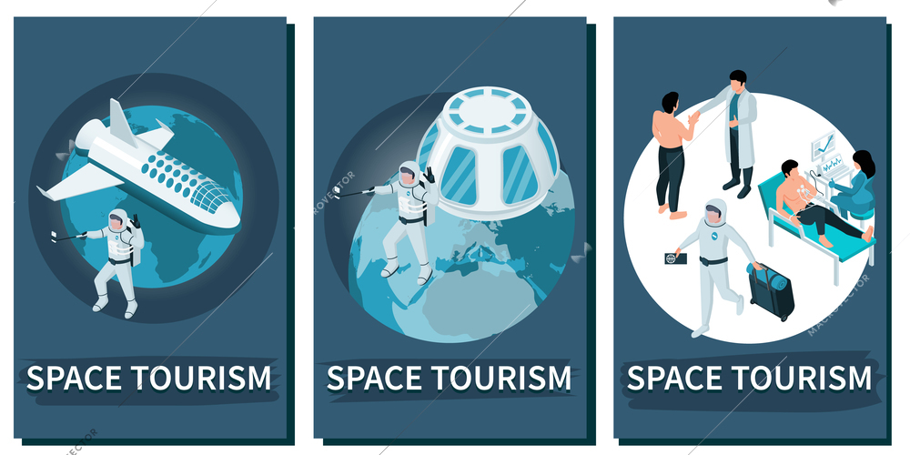 Space tourism isometric set of three vertical compositions with editable text and people flying into space vector illustration