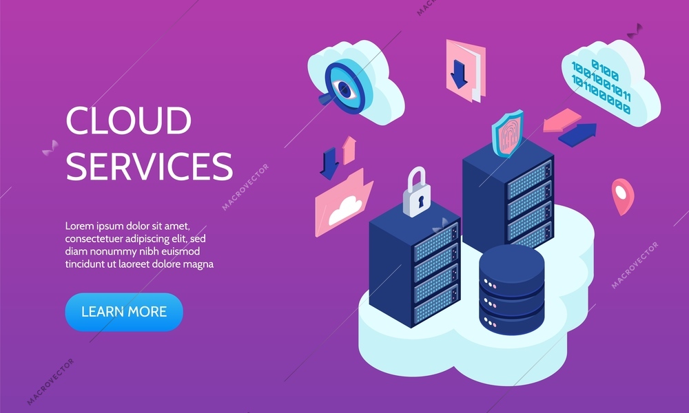 Cloud technology horizontal banner with cloudservices symbols isometric vector illustration