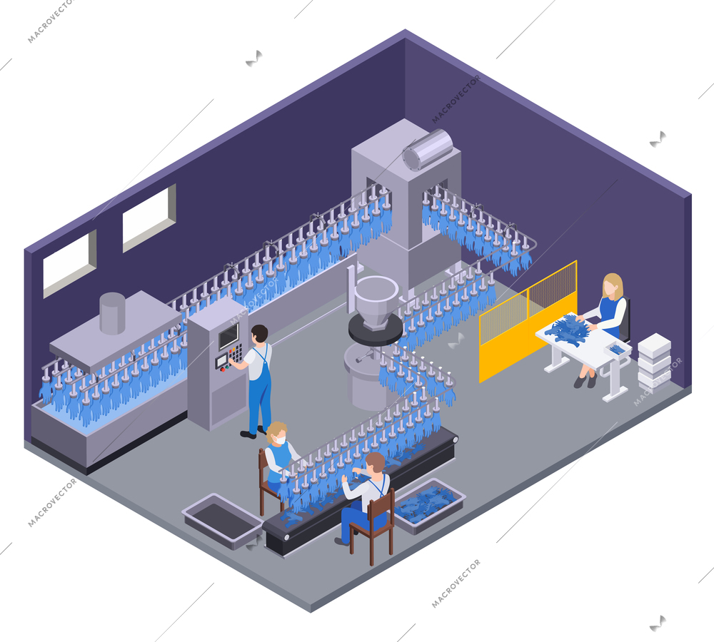 Isometric rubber production composition with indoor view of factory department with moving conveyor line and workers vector illustration