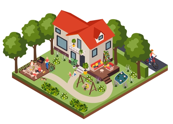 Garden furniture isometric composition with outdoor view of villa with backyard soft furniture barbecue and swing vector illustration