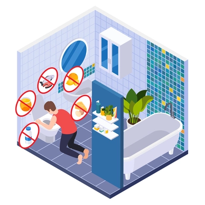 Allergy symptoms treatment isometric composition with indoor view of toilet room with sick man vomiting allergens vector illustration