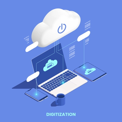 Digital transformation and digitalization isometric composition with open laptop and cloud computing symbols vector illustration