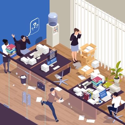 Disorganized chaotic messy work isometric composition with overworked office people vector illustration