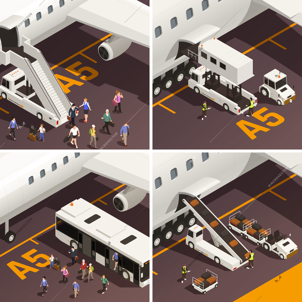 Airport isometric 2x2 set with people getting on the plain vector illustration