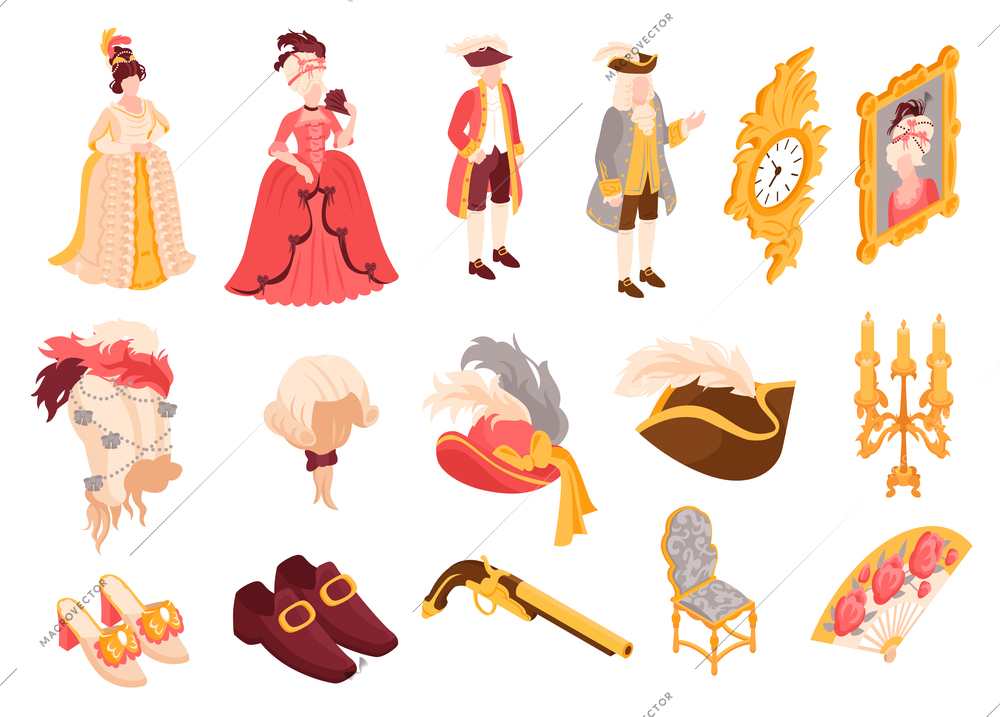 Rococo period isometric set of women and men clothes shoes and accessories isolated vector illustration