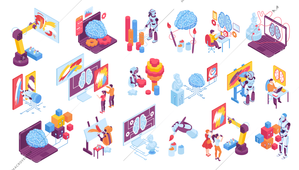 AI art isometric set of human brain icons as symbol artificial intelligence and robots painting picture and designing isolated vector illustration