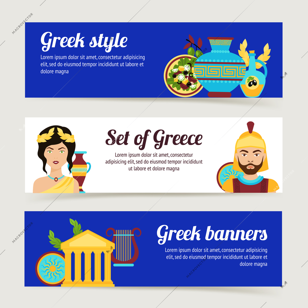 Greece horizontal banner set with antique temple salad olive oil isolated vector illustration