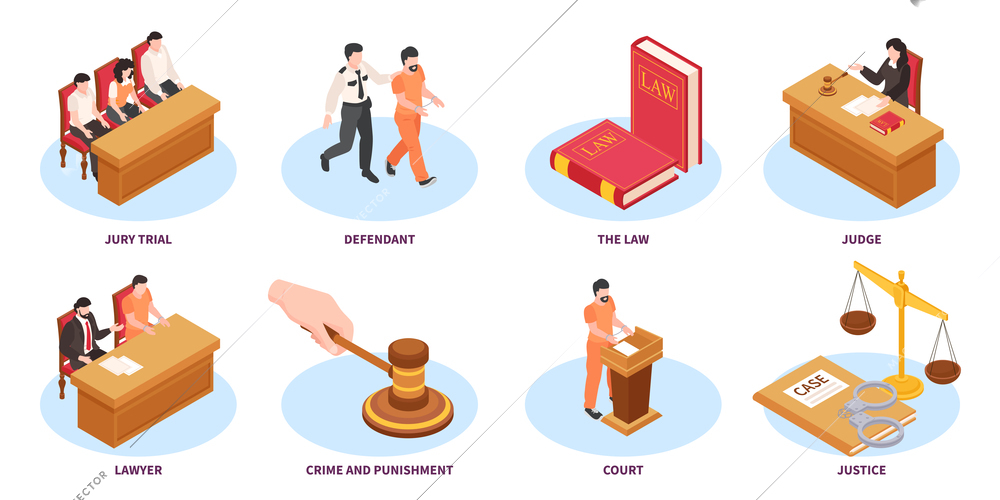 Law isometric compositions set including law code book court jury trial lawyer justice crime and punishment isolated vector illustration