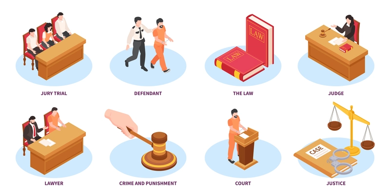 Law isometric compositions set including law code book court jury trial lawyer justice crime and punishment isolated vector illustration