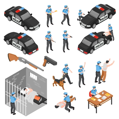 Police isometric icons set of policeman characters in uniform with weapon involved in criminals detention isolated vector illustration