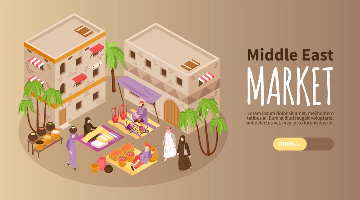 Middle east market horizontal banner with  isometric illustration of people trading on arabic outdoor street bazaar vector illustration