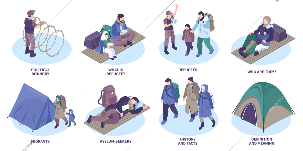 Refugee isometric compositions set of asylum seekers migrants adult people with children isolated icons vector illustration