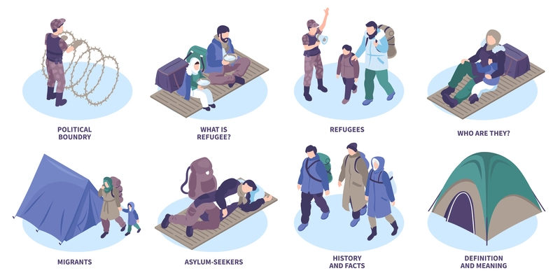 Refugee isometric compositions set of asylum seekers migrants adult people with children isolated icons vector illustration