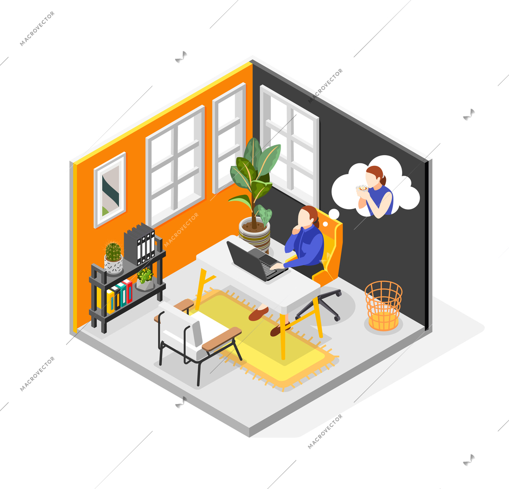 Work and life balance isometric composition with woman doing job in office and thinking of relaxation and cup of tea 3d vector illustration
