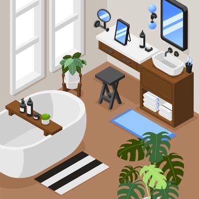 Isometric background with interior of modern bathroom with bathtub washbasin dressing table three mirrors rugs and houseplants 3d vector illustration