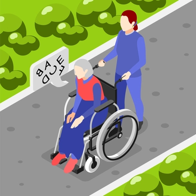 Nurse carries old woman with dementia symptoms in wheelchair isometric background 3d vector illustration