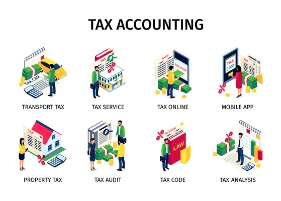 Tax accounting set of tax audit tax code tax analysis mobile application isolated compositions isometric vector illustration