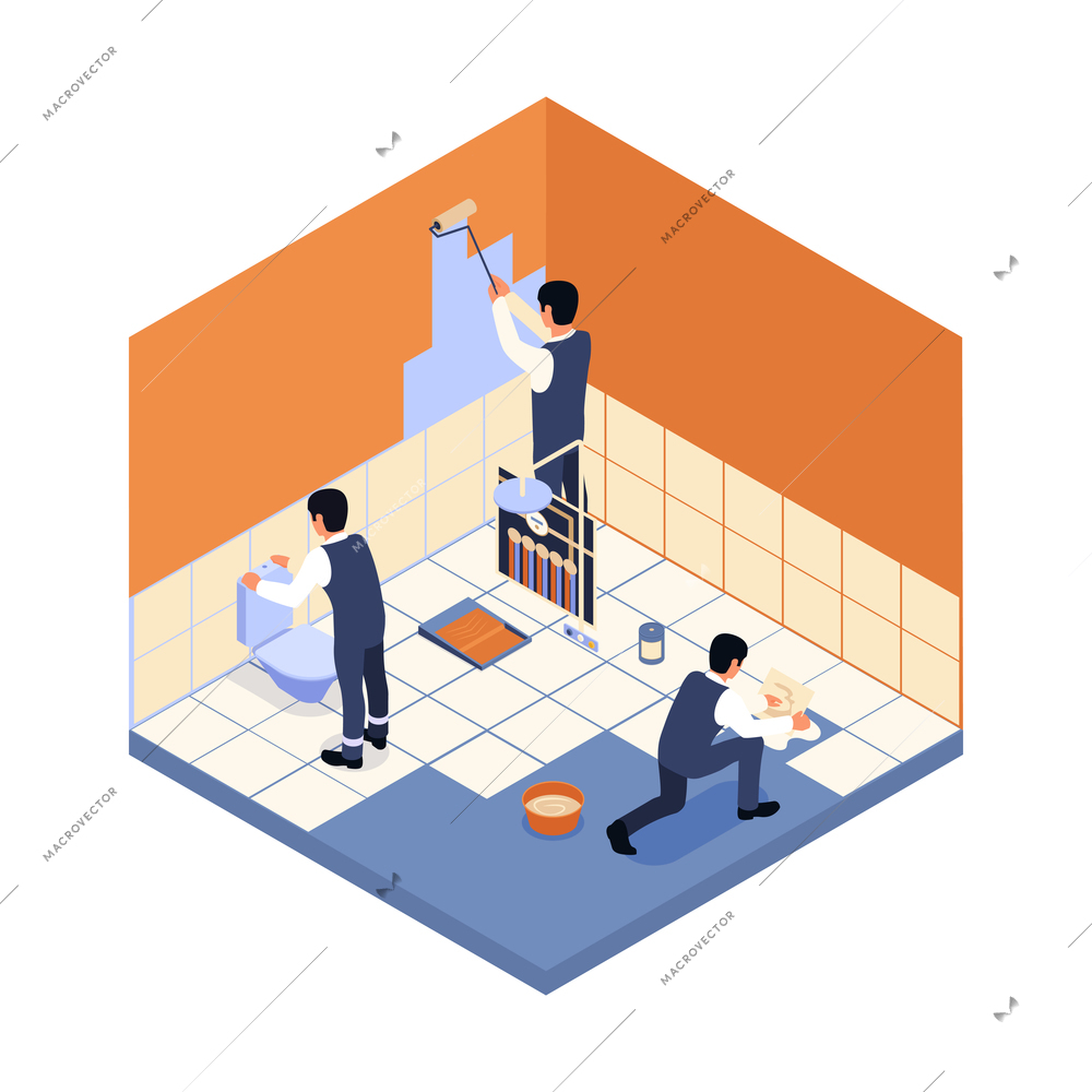 Home repair isometric colored composition with workers in washroom interior painting walls laying tiles installing plumbing vector illustration