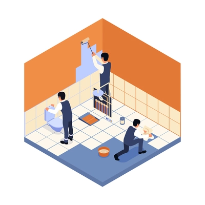 Home repair isometric colored composition with workers in washroom interior painting walls laying tiles installing plumbing vector illustration