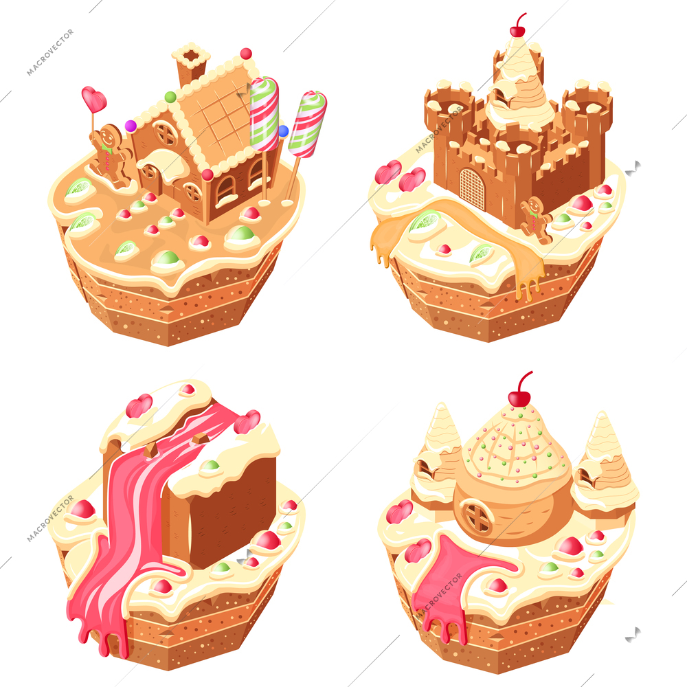 Candy land isometric 2x2 set of isolated compositions of creamy cupcakes with gingerbread houses on top vector illustration