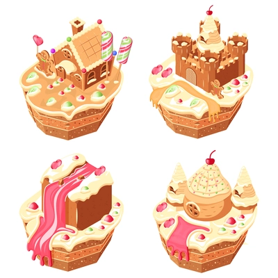 Candy land isometric 2x2 set of isolated compositions of creamy cupcakes with gingerbread houses on top vector illustration