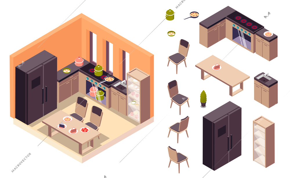 Furniture interior isometric set with isolated icons of chairs fridge cabinet kitchen range and interior composition vector illustration