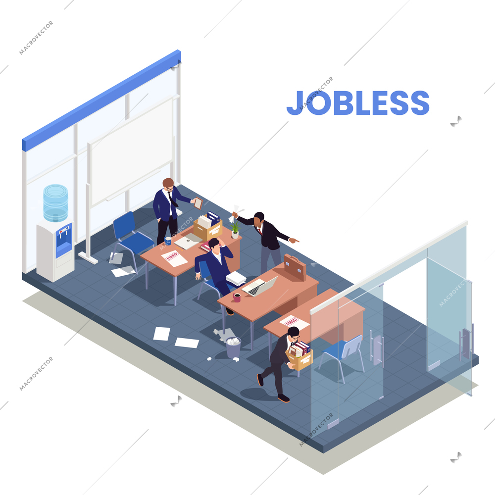 Unemployment isometric composition with people loosing their jobs in office space vector illustration