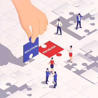 Crisis management isometric concept with business people solving puzzle vector illustration