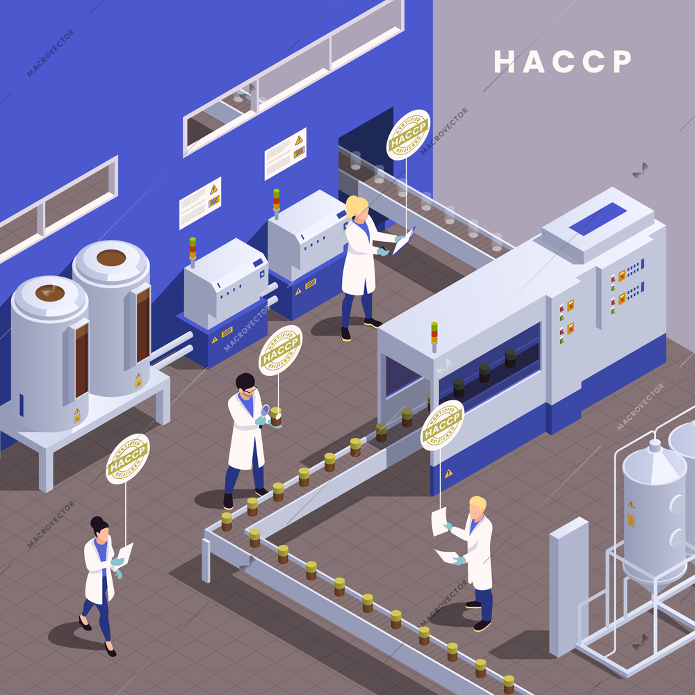 HACCP food safety concept with production line control isometric vector illustration