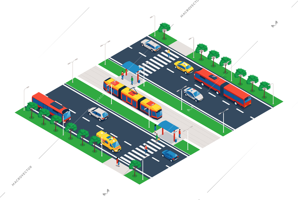 Isometric public transport composition with view of street with motorway buses cars and rails with tram vector illustration