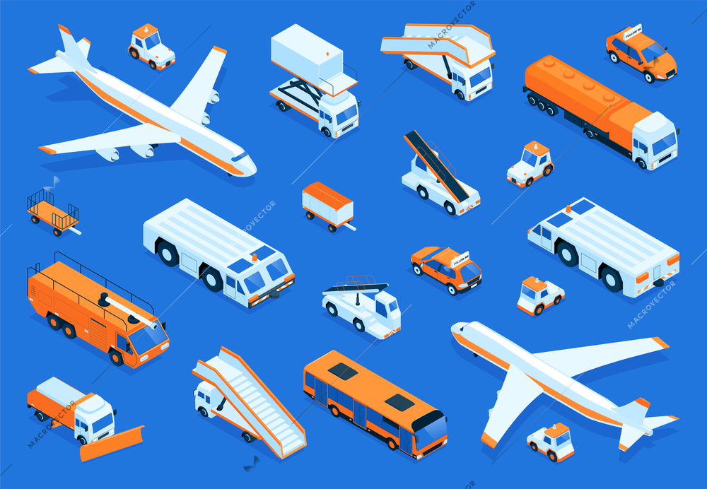 Isometric airport transport color set with isolated icons of trucks buses ladders and big airplane images vector illustration