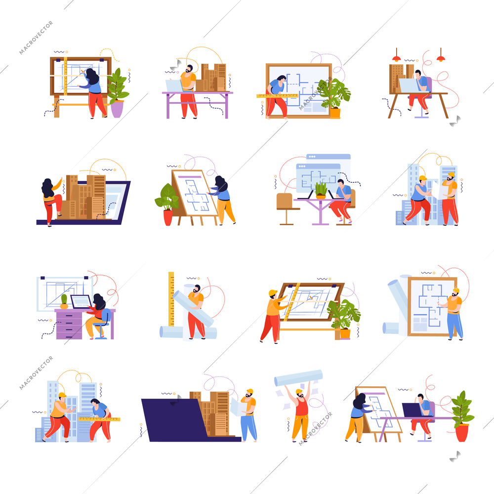 Architect flat icon set female and male architects working behind their desks vector illustration