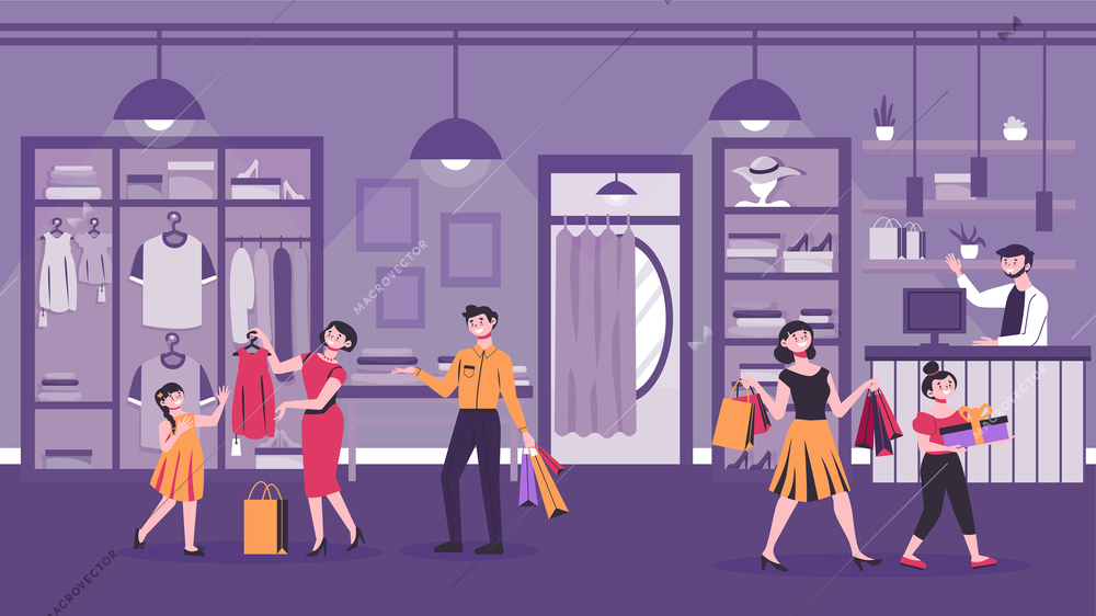 Shopping composition with indoor scenery of clothing store with cartoon characters of family members and seller vector illustration