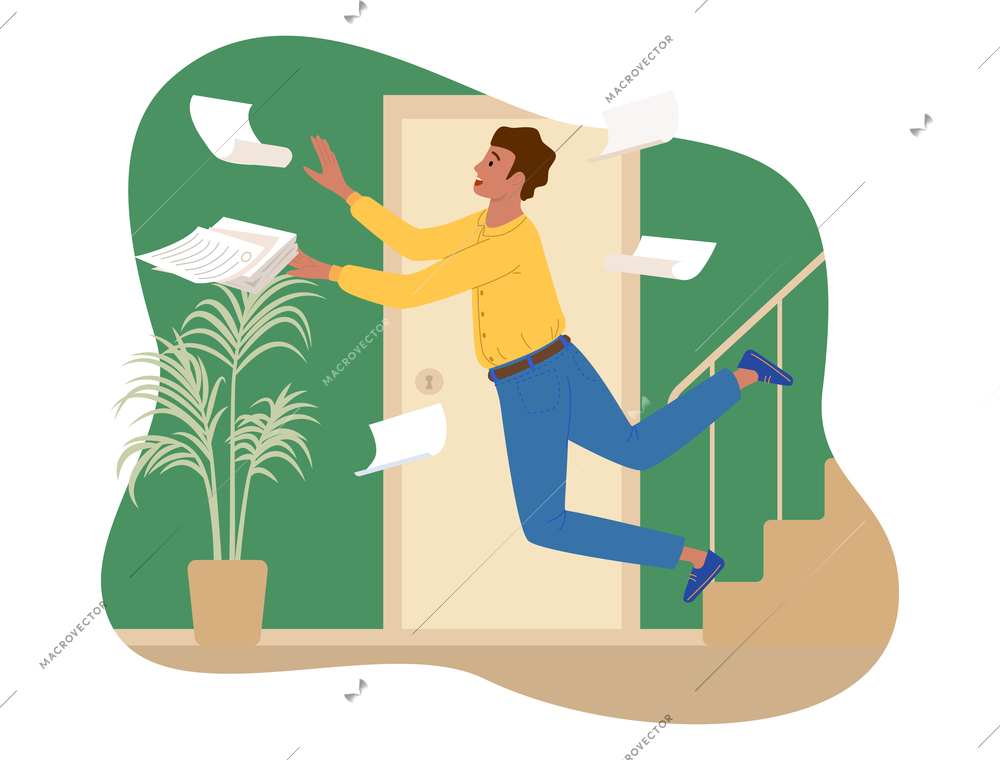 Flat composition with man falling down stairs in hall dropping papers vector illustration