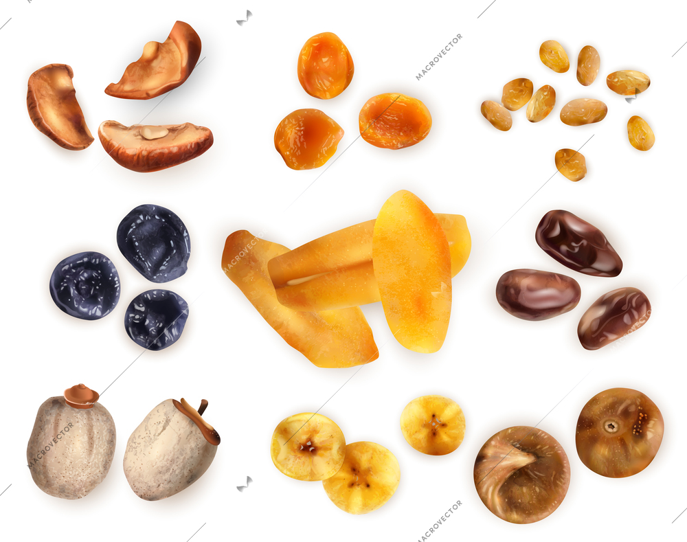 Healthy food set of dried fruits including prune fig pear apricot banana date mango  realistic icons isolated vector illustration