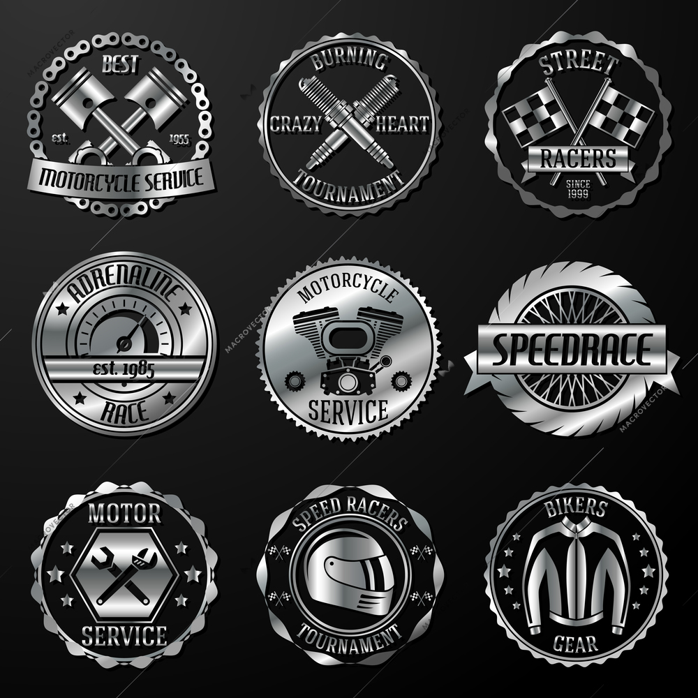 Motorcycle racing tournament motor service emblems metallic set isolated vector illustration